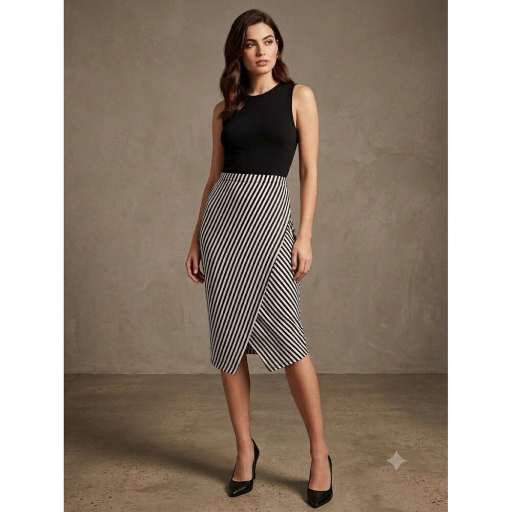 Coin 1804 Black & White Striped Tulip Pencil Skirt Asymmetric Front Sz M